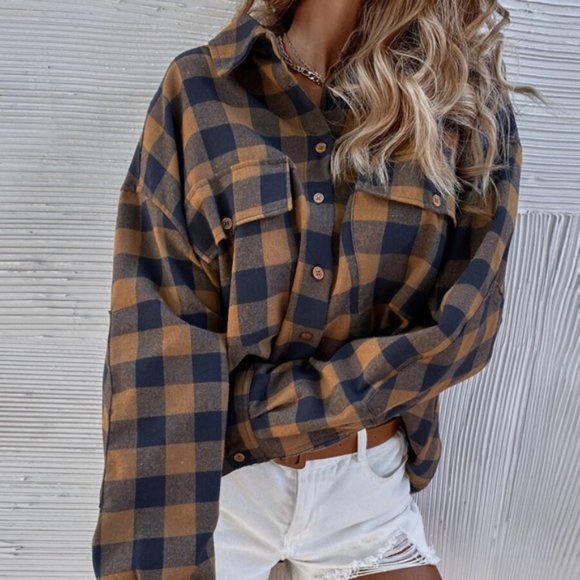 New Plaid Check Flannel Button Front Shirt Top - Picture 3 of 9